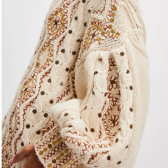 NWT Free People Gilded Cable Embellished Sweater Tunic Ivory Cream - Picture 4 of 9
